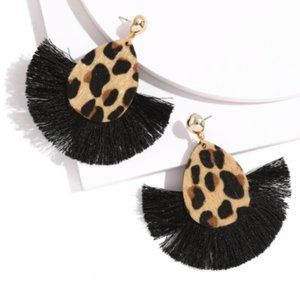 Teardrop leopard black fringe statement earrings